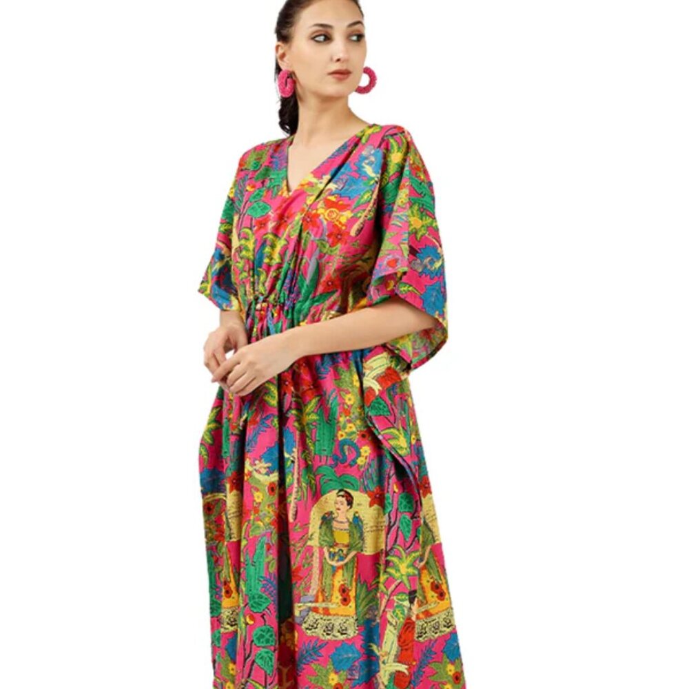 BRAND NEW Pink Frida Kahlo Block Printed Kaftan Cotton summer Maxi dress - Picture 5 of 6